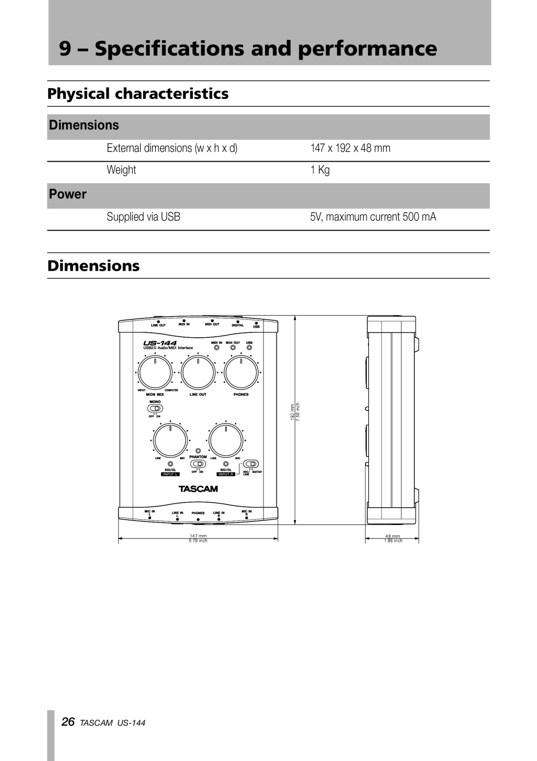 Tascam US-144 manual Physical characteristics, Dimensions 