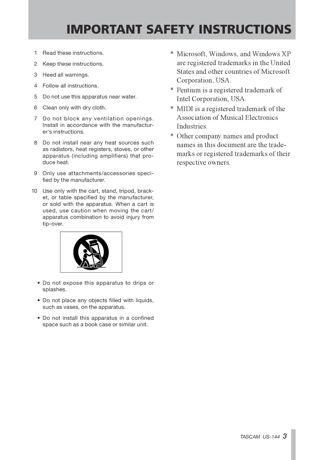 Tascam US-144 manual Important Safety Instructions 