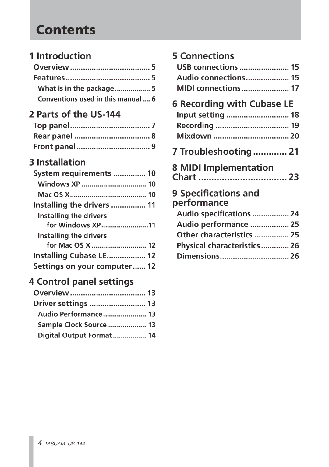 Tascam US-144 manual Contents 