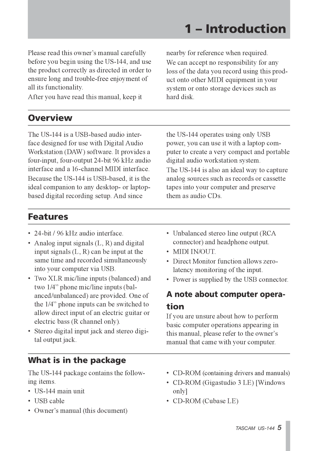 Tascam US-144 manual Introduction, Overview, Features, What is in the package 