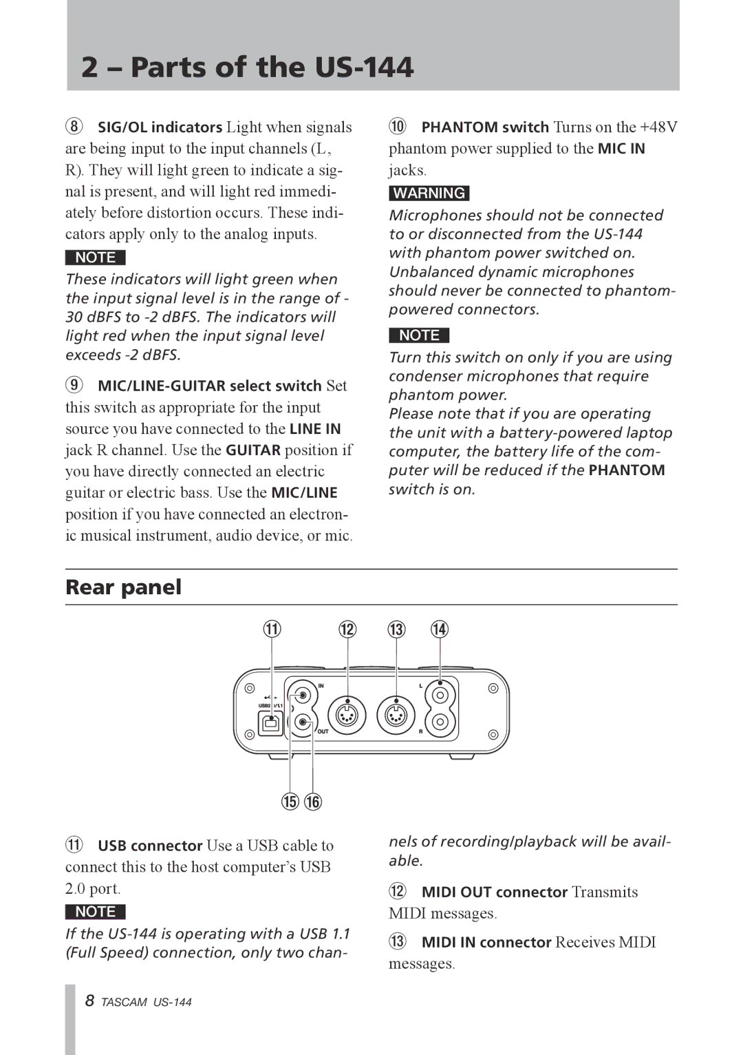 Tascam US-144 manual Rear panel 