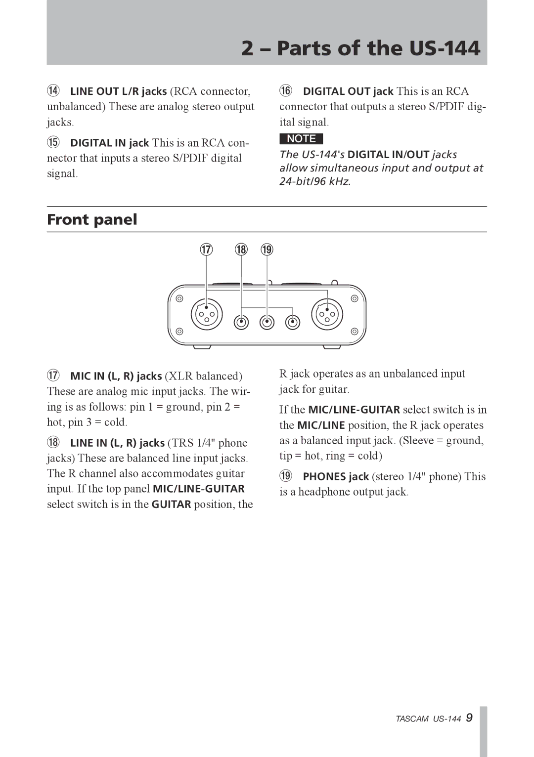 Tascam US-144 manual Front panel 