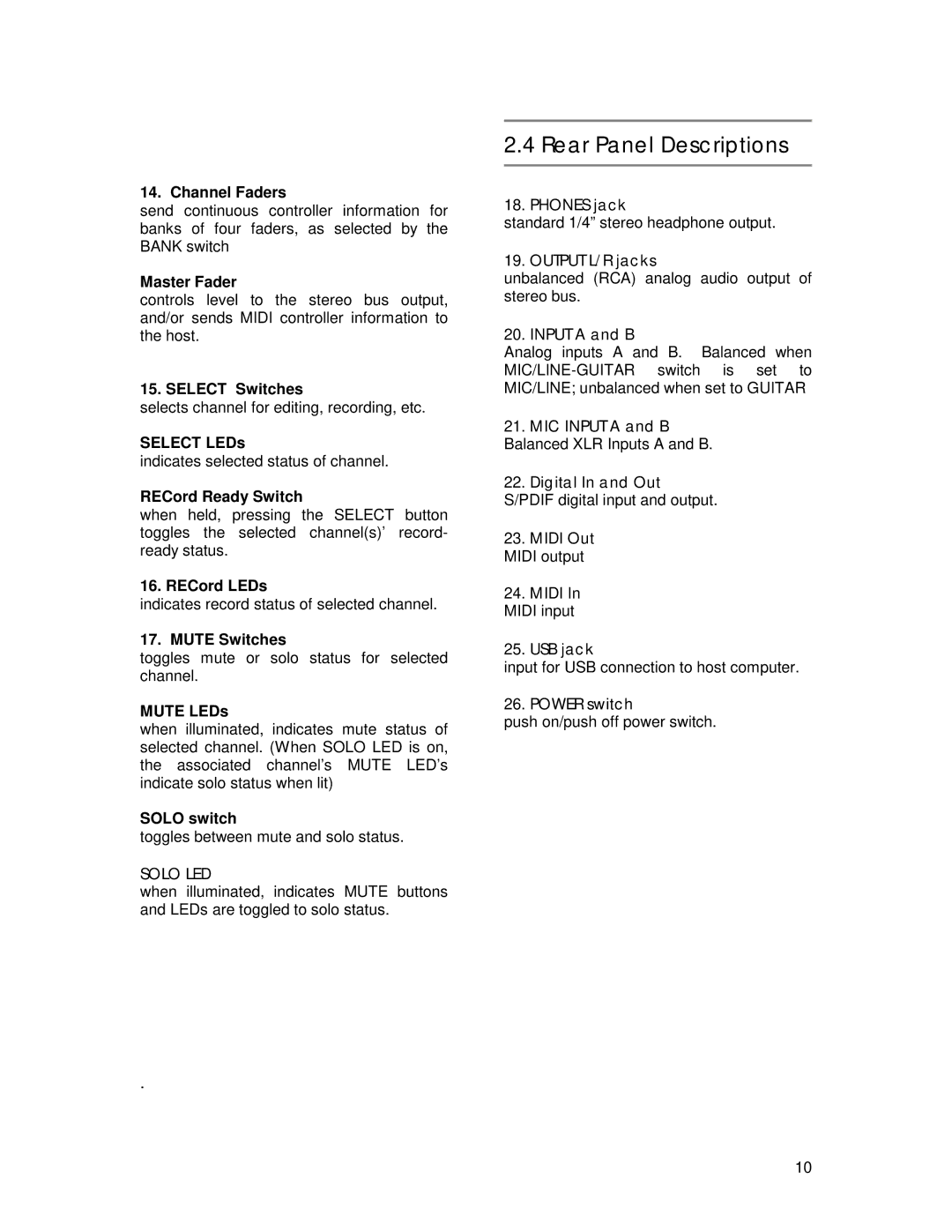 Tascam US-224 owner manual Rear Panel Descriptions, Phones jack, MIC Input a and B, Midi, Power switch 