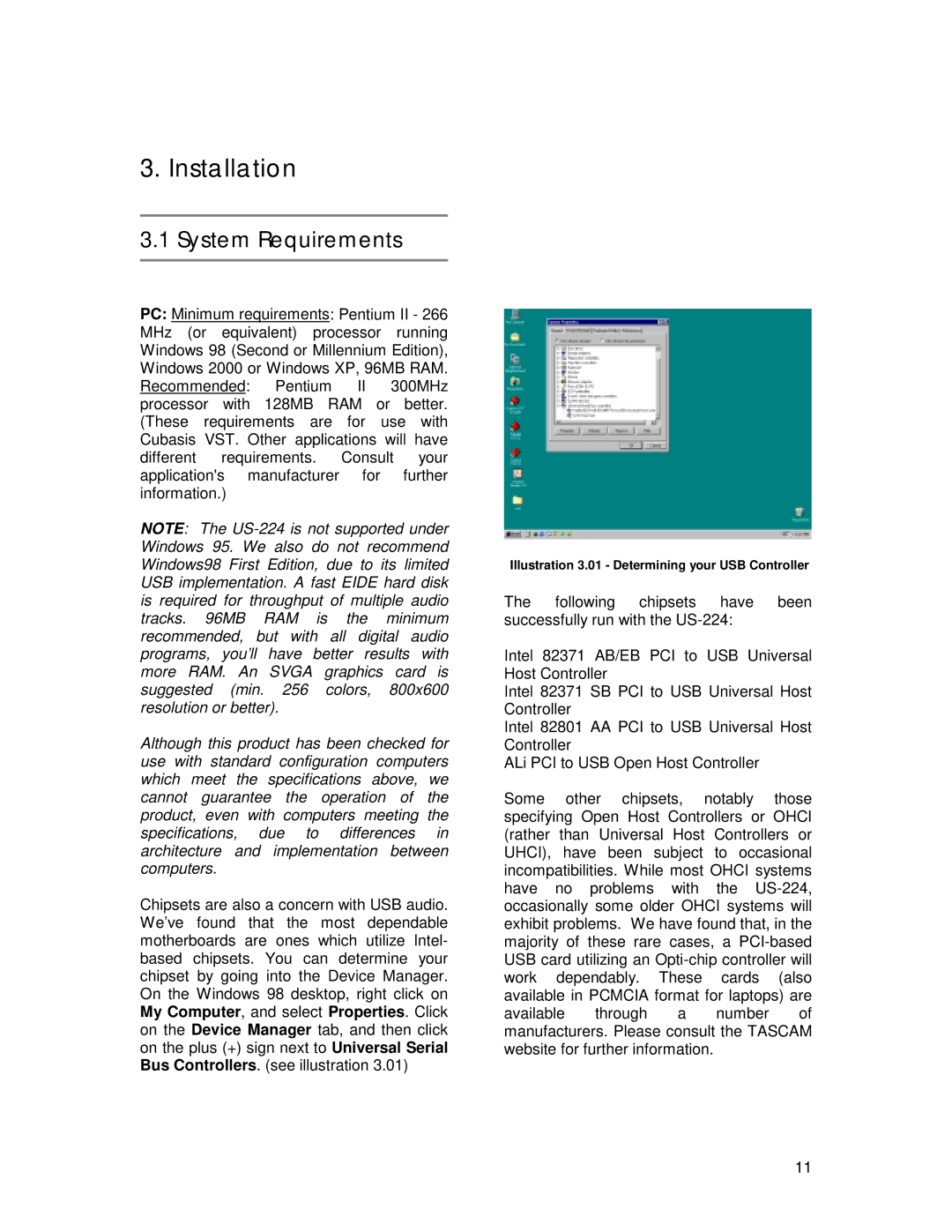 Tascam US-224 owner manual Installation, System Requirements 