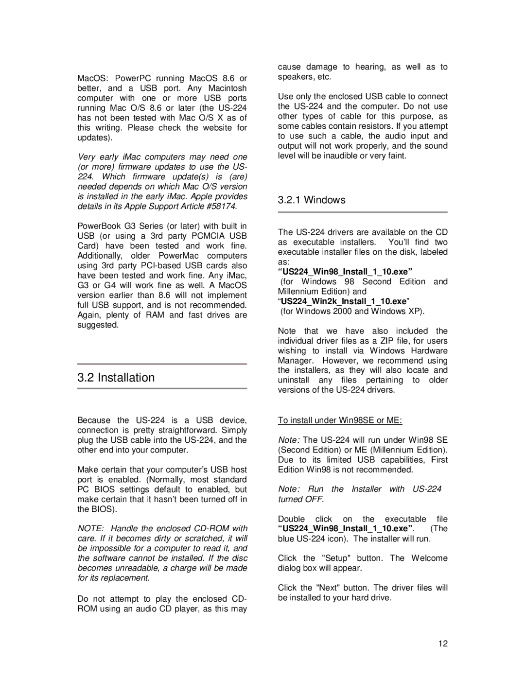 Tascam US-224 owner manual Installation, US224Win98Install110.exe, To install under Win98SE or ME 