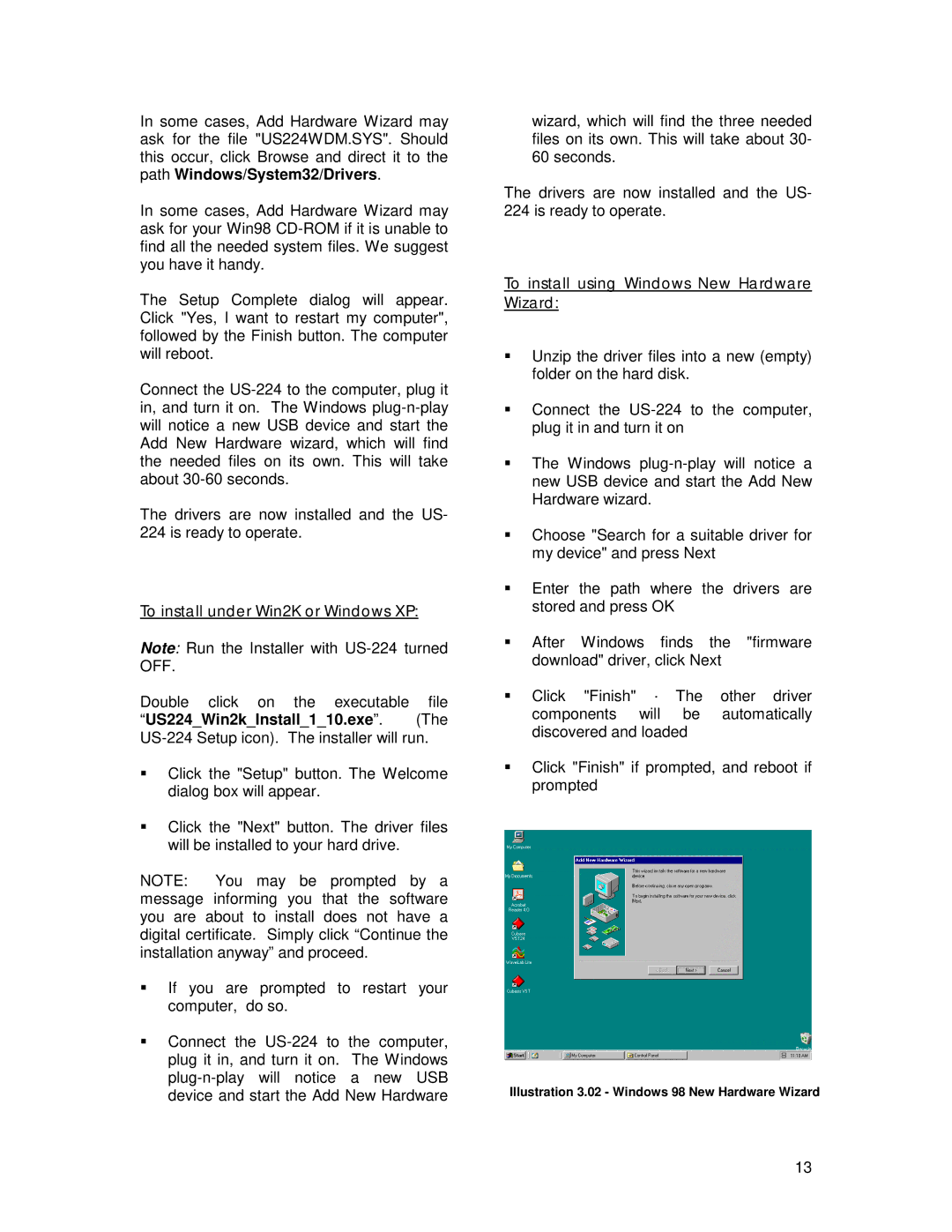 Tascam US-224 owner manual To install under Win2K or Windows XP, To install using Windows New Hardware Wizard 