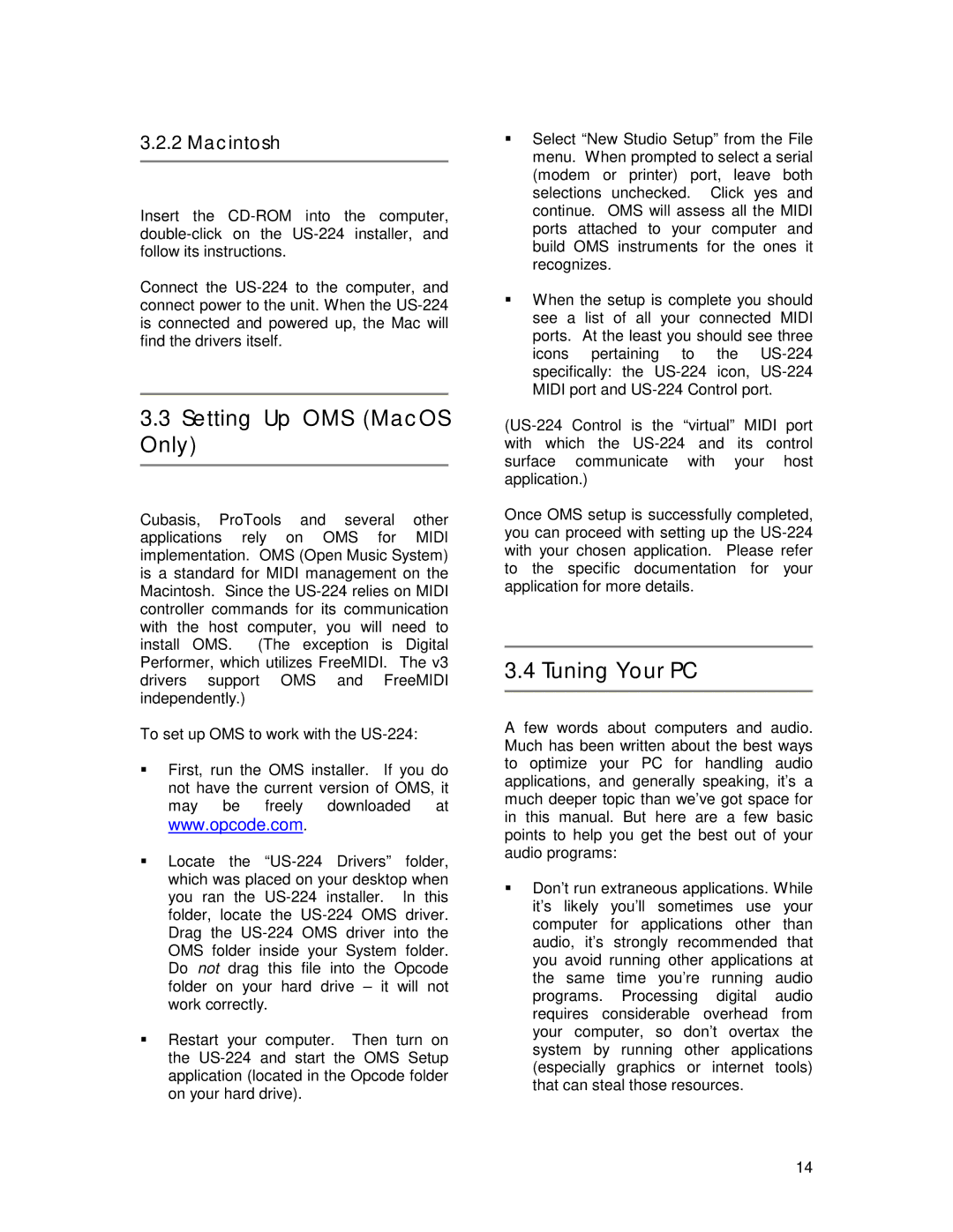 Tascam US-224 owner manual Setting Up OMS MacOS Only, Tuning Your PC 