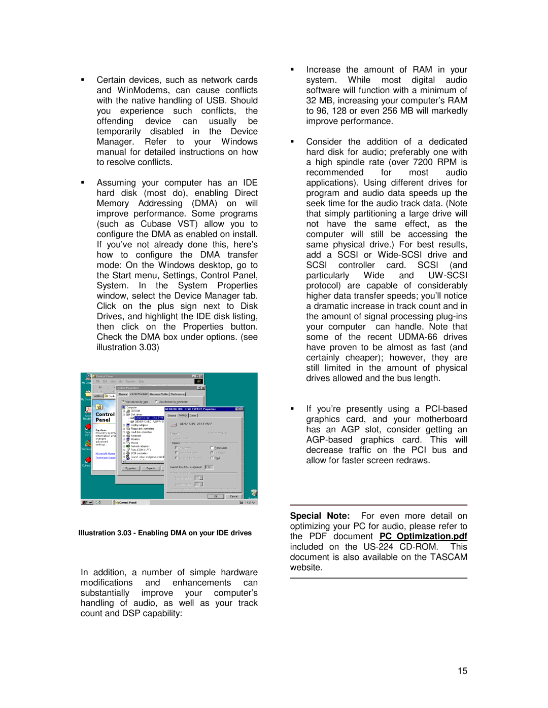 Tascam US-224 owner manual Illustration 3.03 Enabling DMA on your IDE drives 