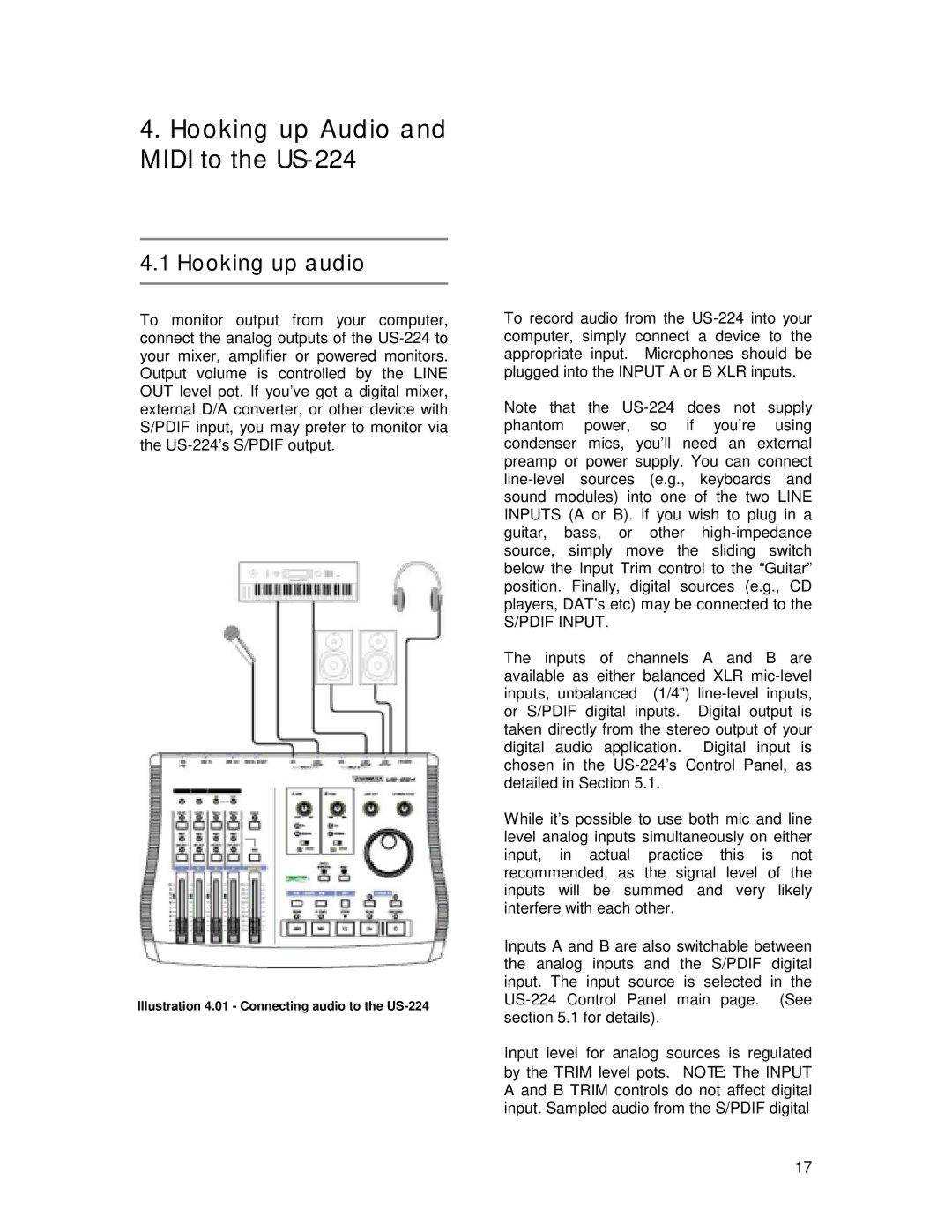 Tascam owner manual Hooking up Audio and Midi to the US-224, Hooking up audio 