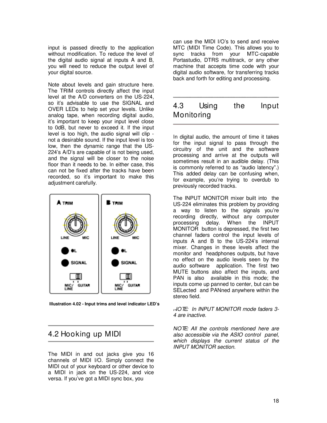 Tascam US-224 owner manual Hooking up Midi, Using the Input Monitoring 