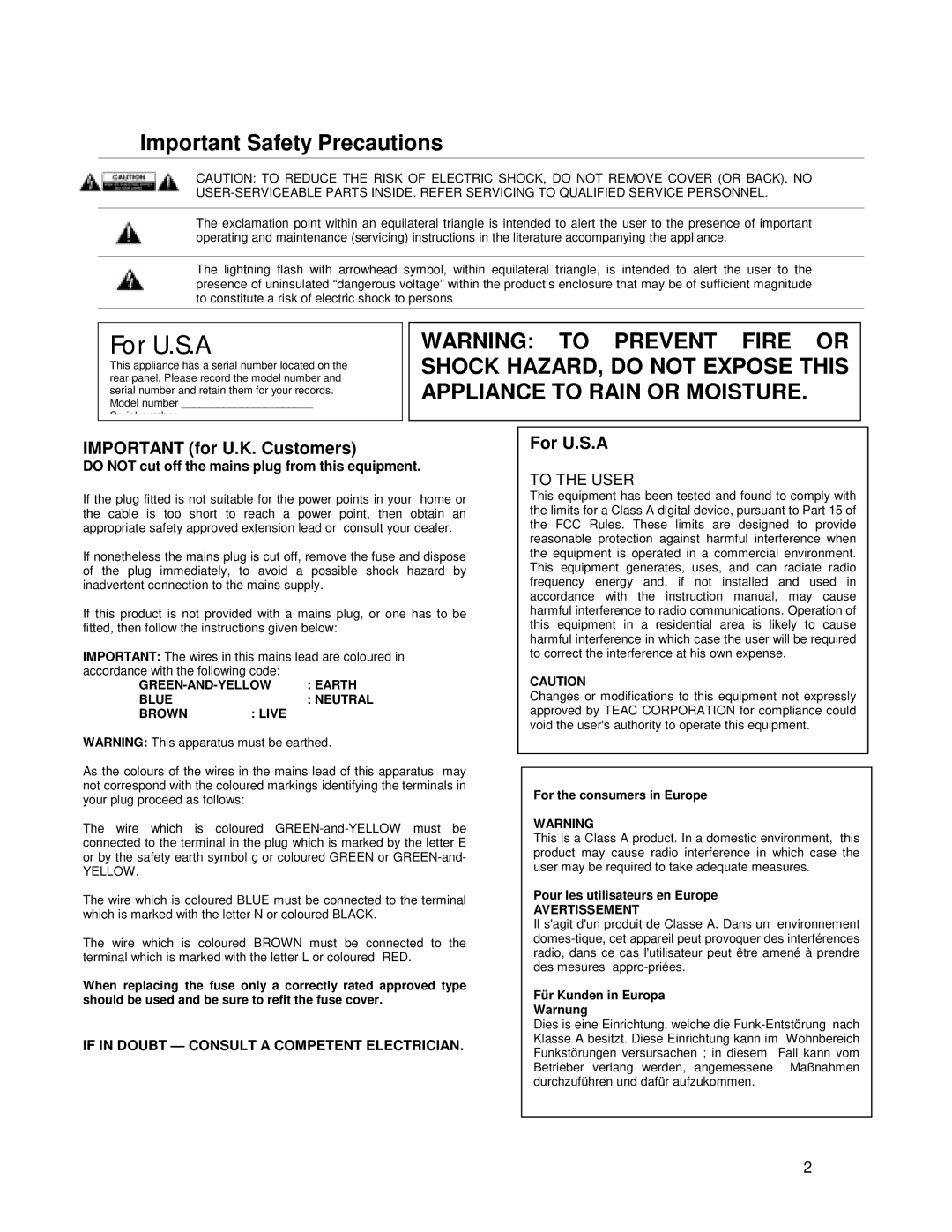 Tascam US-224 owner manual For U.S.A, Important Safety Precautions 