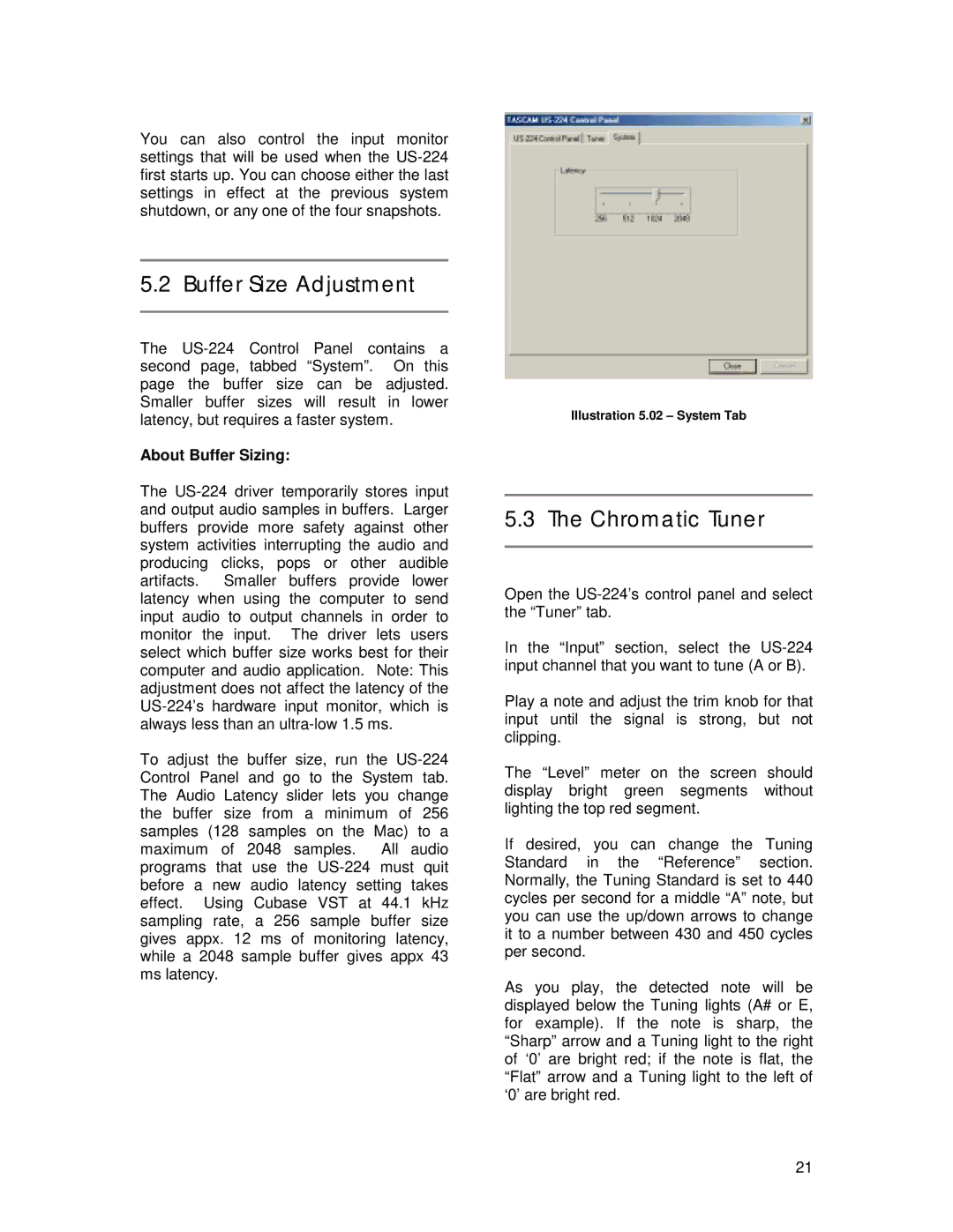 Tascam US-224 owner manual Buffer Size Adjustment, Chromatic Tuner, About Buffer Sizing 