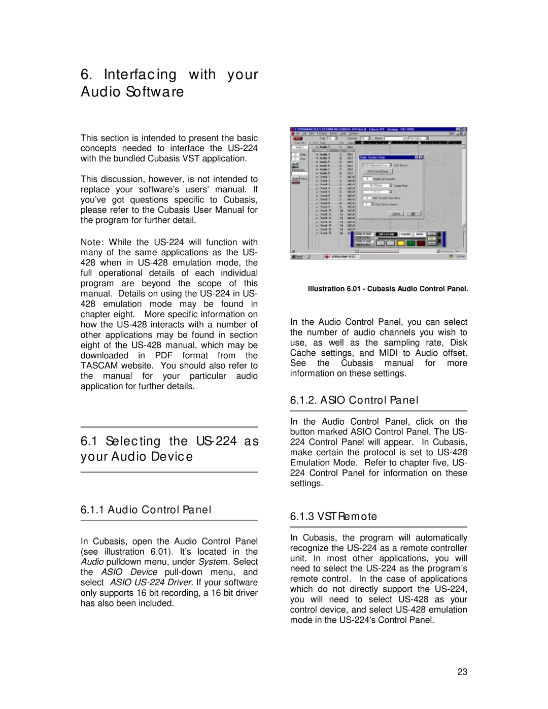 Tascam owner manual Interfacing with your Audio Software, Selecting the US-224 as your Audio Device 