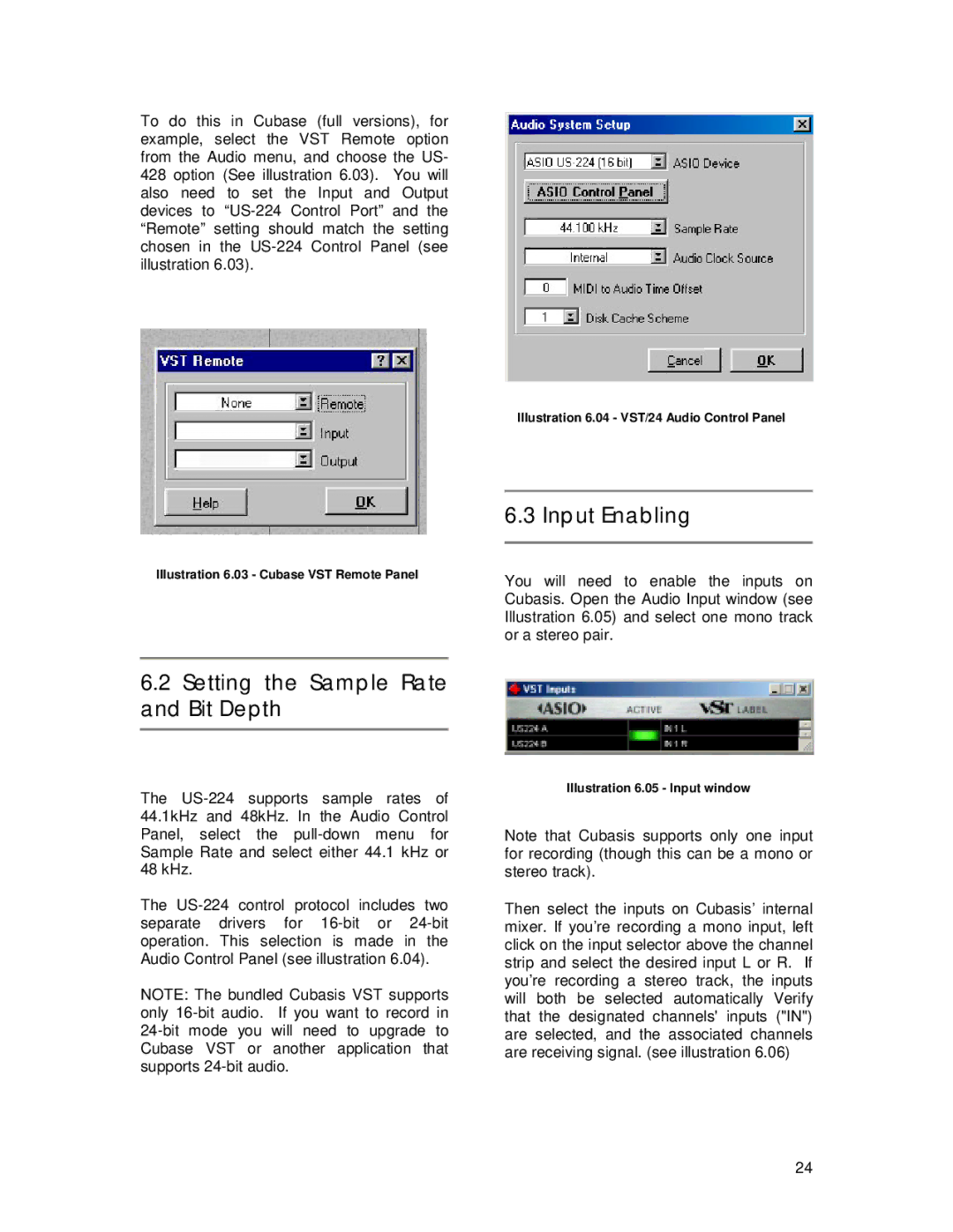 Tascam US-224 owner manual Setting the Sample Rate and Bit Depth, Input Enabling 