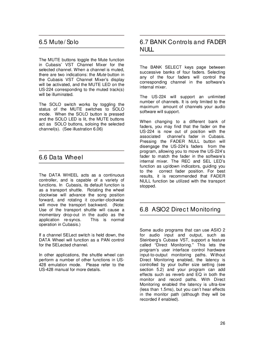 Tascam US-224 owner manual Mute/Solo, Data Wheel, Bank Controls and Fader Null, ASIO2 Direct Monitoring 