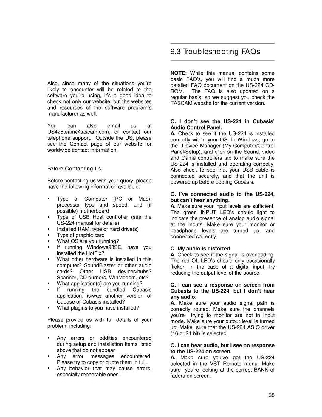 Tascam owner manual Troubleshooting FAQs, Before Contacting Us, Don’t see the US-224 in Cubasis’ Audio Control Panel 