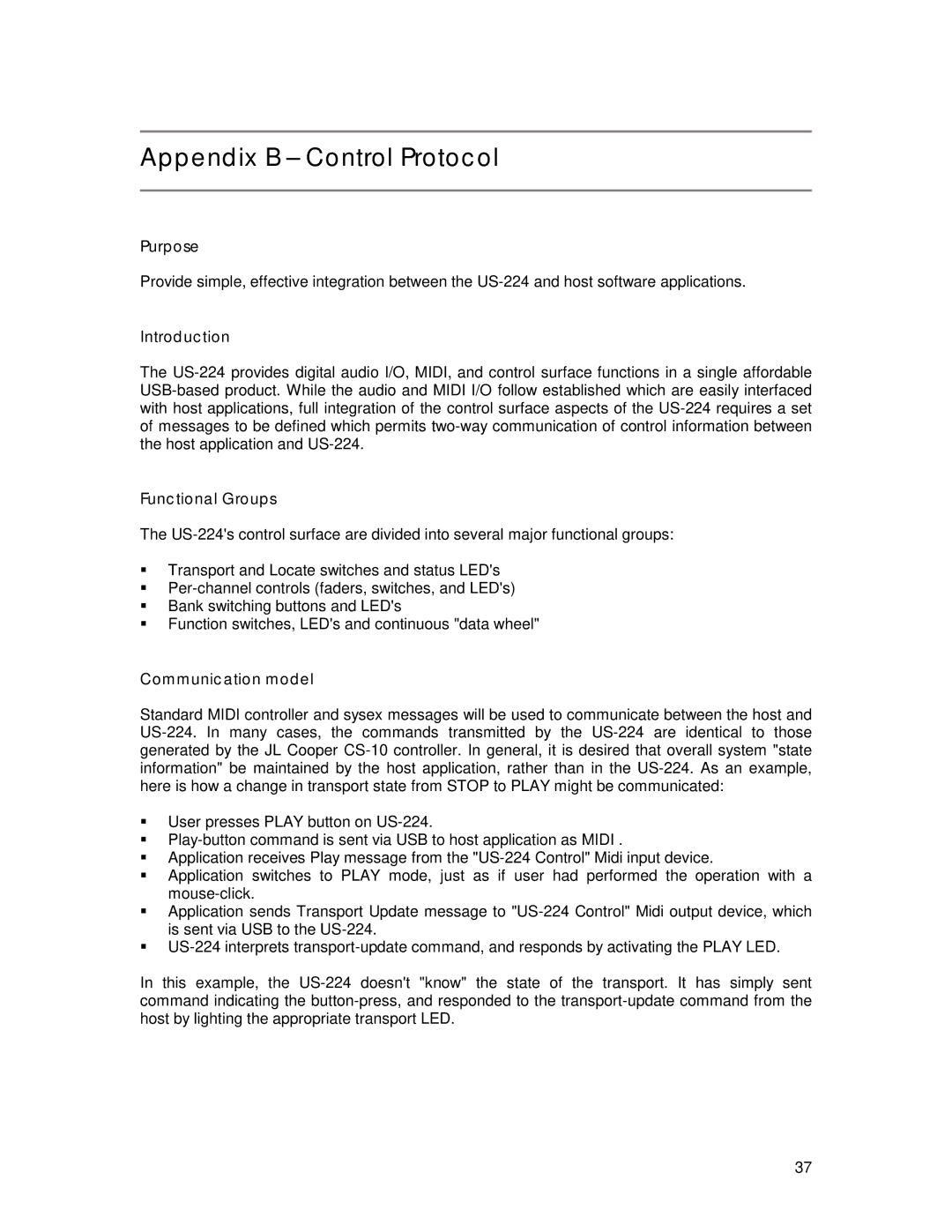 Tascam US-224 owner manual Appendix B Control Protocol, Purpose, Introduction, Functional Groups, Communication model 