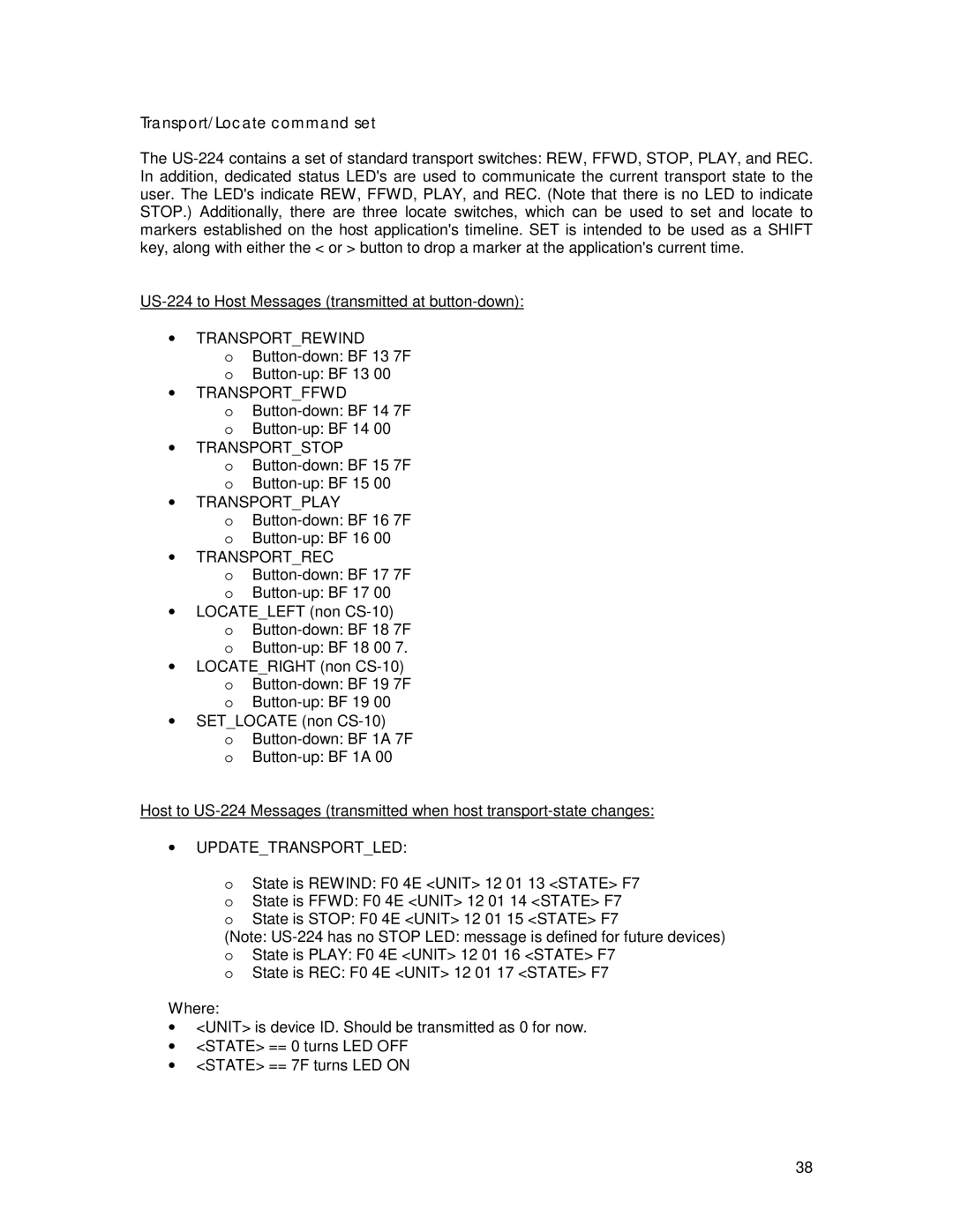 Tascam US-224 owner manual Transport/Locate command set, Transportrec 