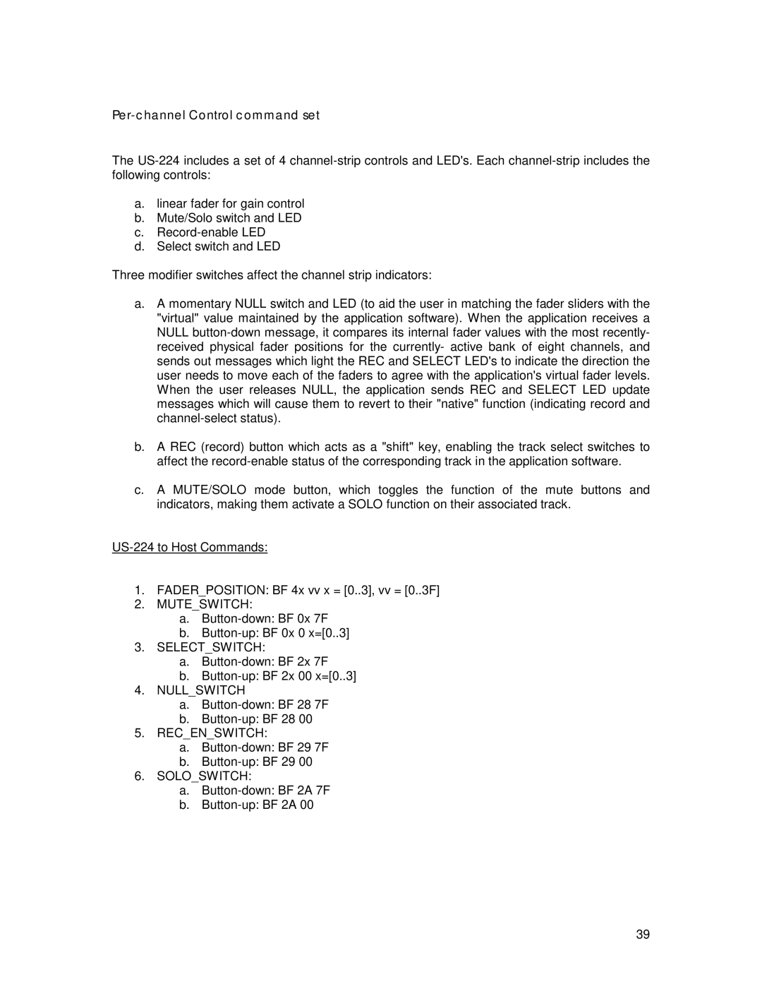 Tascam US-224 owner manual Per-channel Control command set 