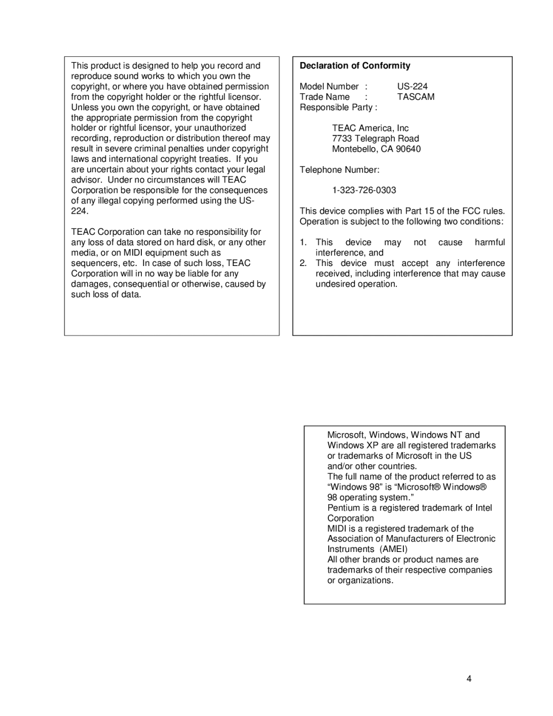 Tascam US-224 owner manual Declaration of Conformity, Tascam 