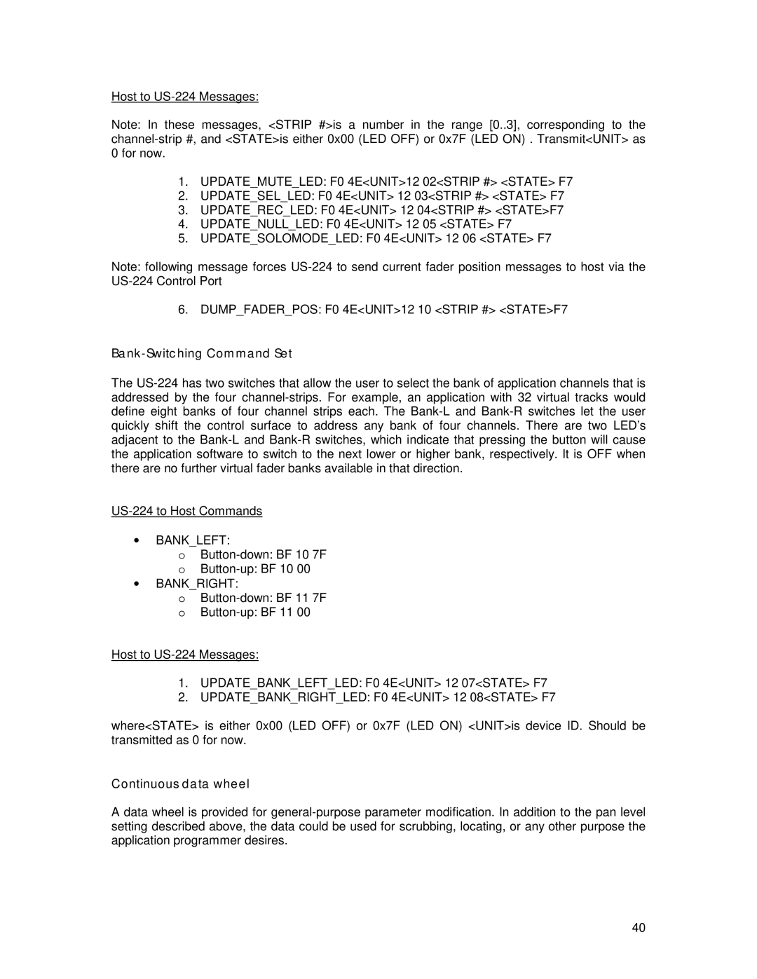 Tascam US-224 owner manual Bank-Switching Command Set, Continuous data wheel 