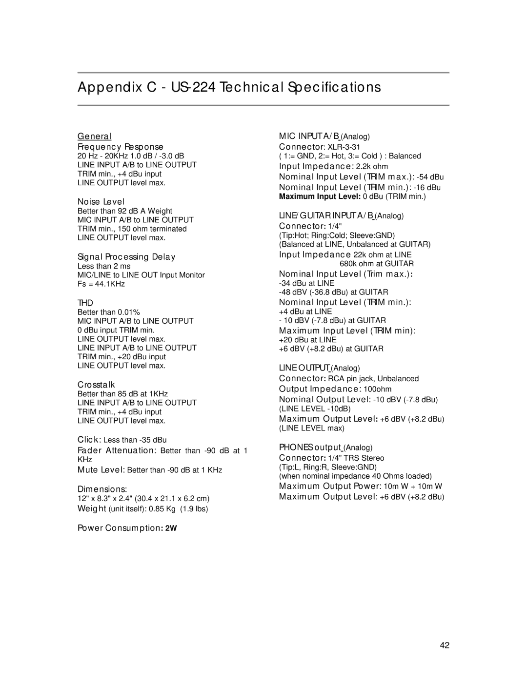 Tascam owner manual Appendix C US-224 Technical Specifications 