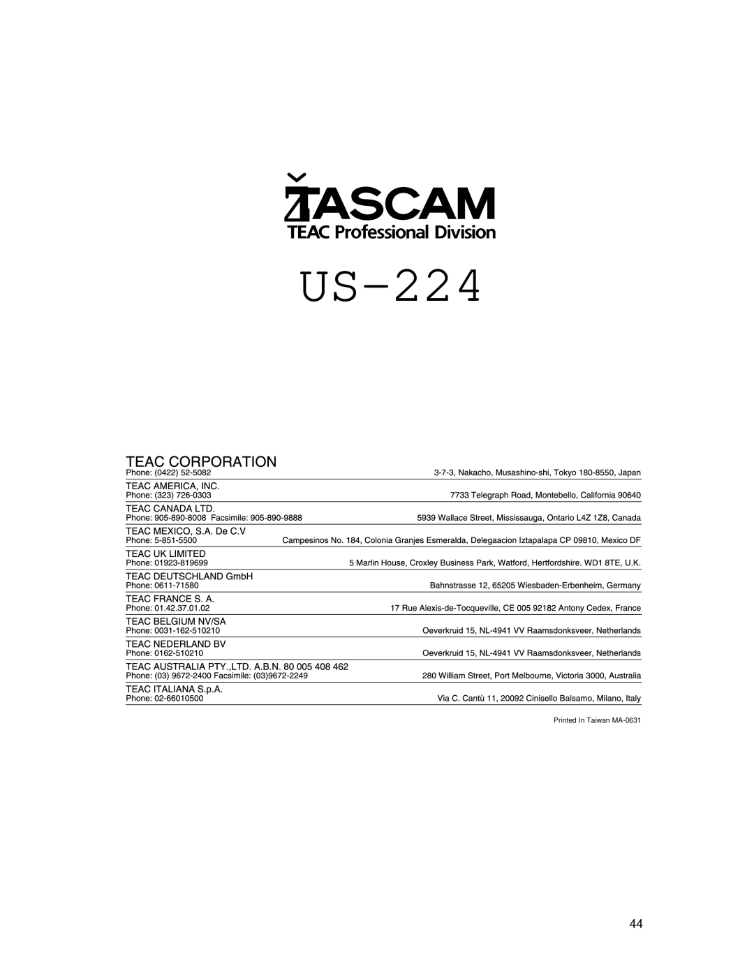 Tascam US-224 owner manual 