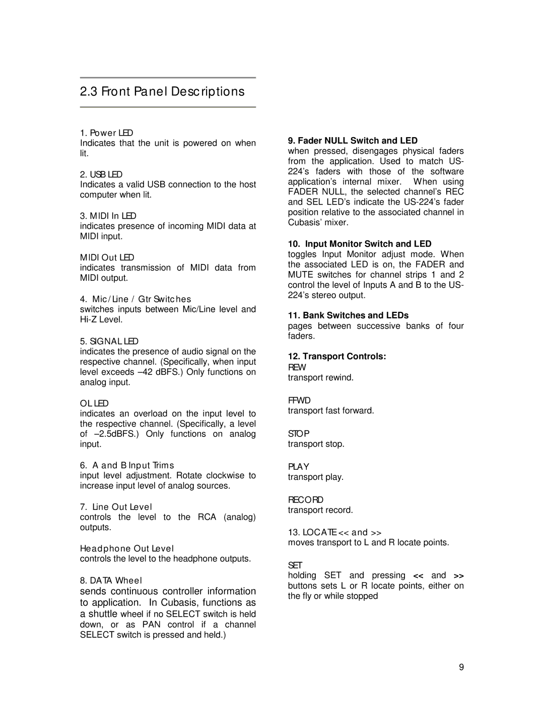 Tascam US-224 owner manual Front Panel Descriptions 