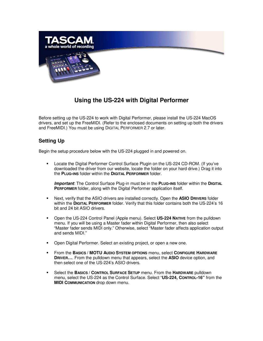 Tascam manual Using the US-224 with Digital Performer, Setting Up 