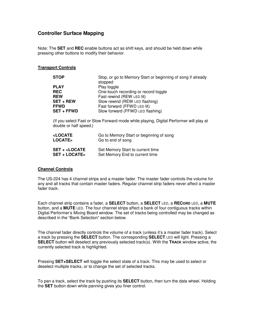 Tascam US-224 manual Controller Surface Mapping 