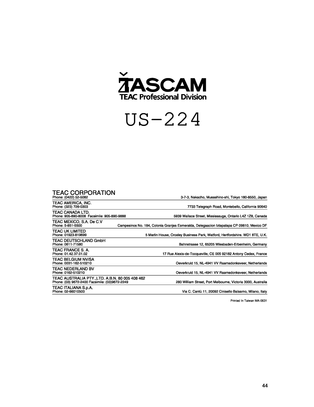Tascam US-224 owner manual 