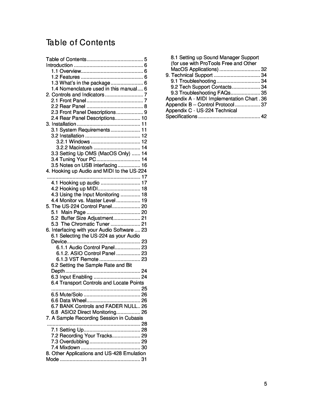 Tascam US-224 owner manual Table of Contents 