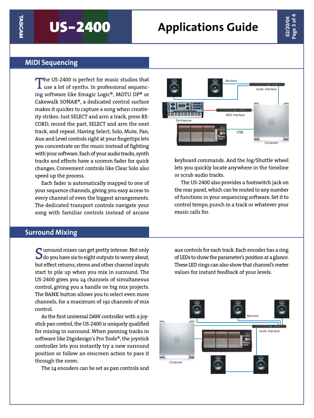 Tascam US-2400 manual Midi Sequencing, Surround Mixing 