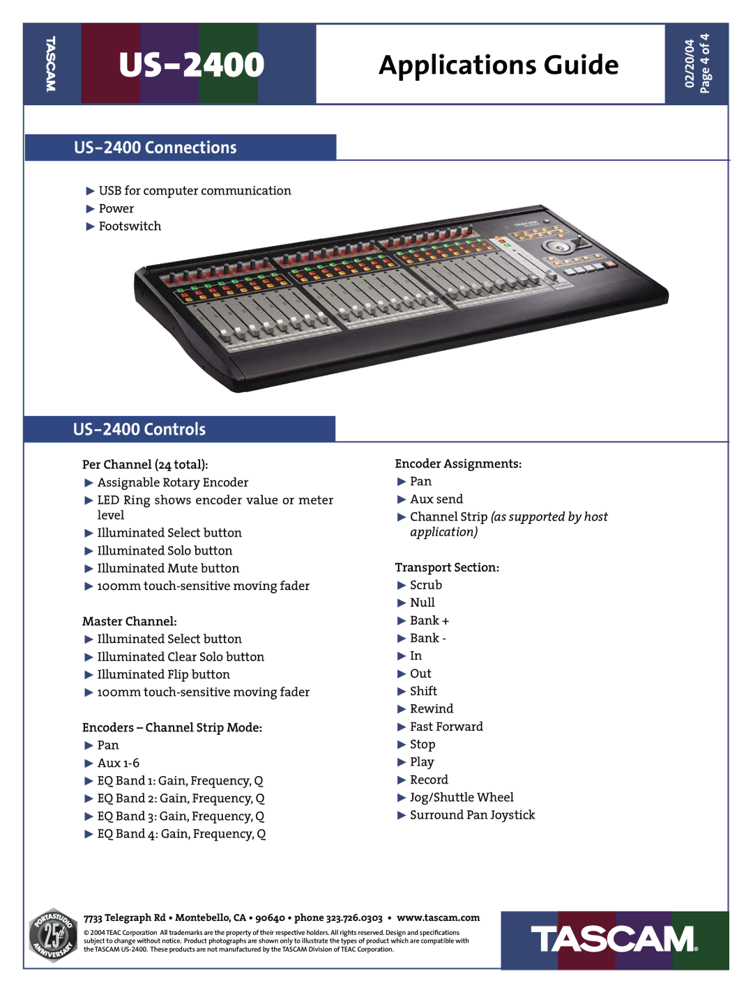 Tascam manual US-2400 Connections, US-2400 Controls 