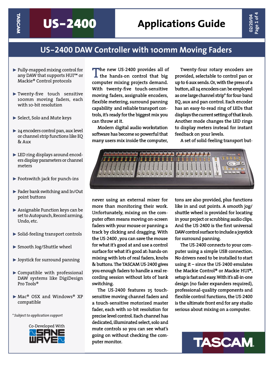 Tascam manual Applications Guide, US-2400 DAW Controller with 100mm Moving Faders 