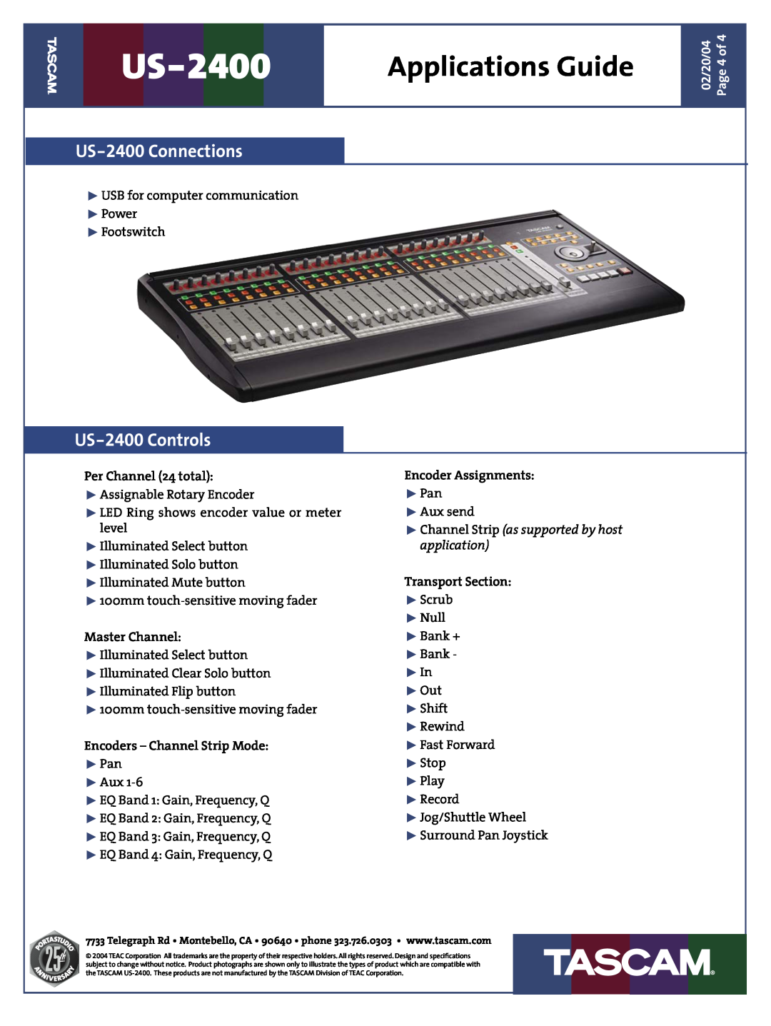 Tascam manual US-2400 Connections, US-2400 Controls, Applications Guide, Per Channel 24 total, Master Channel 