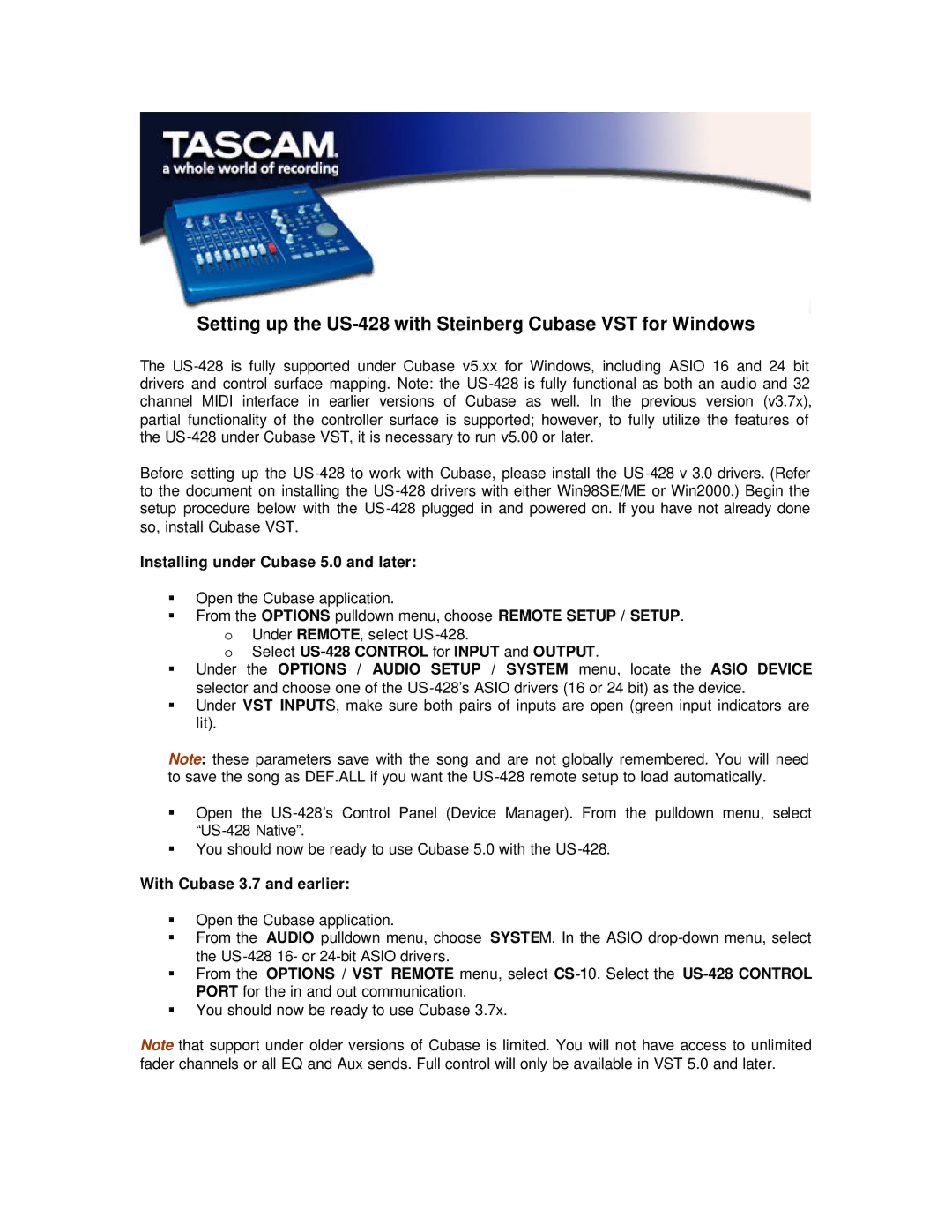 Tascam manual Setting up the US-428 with Steinberg Cubase VST for Windows, Installing under Cubase 5.0 and later 