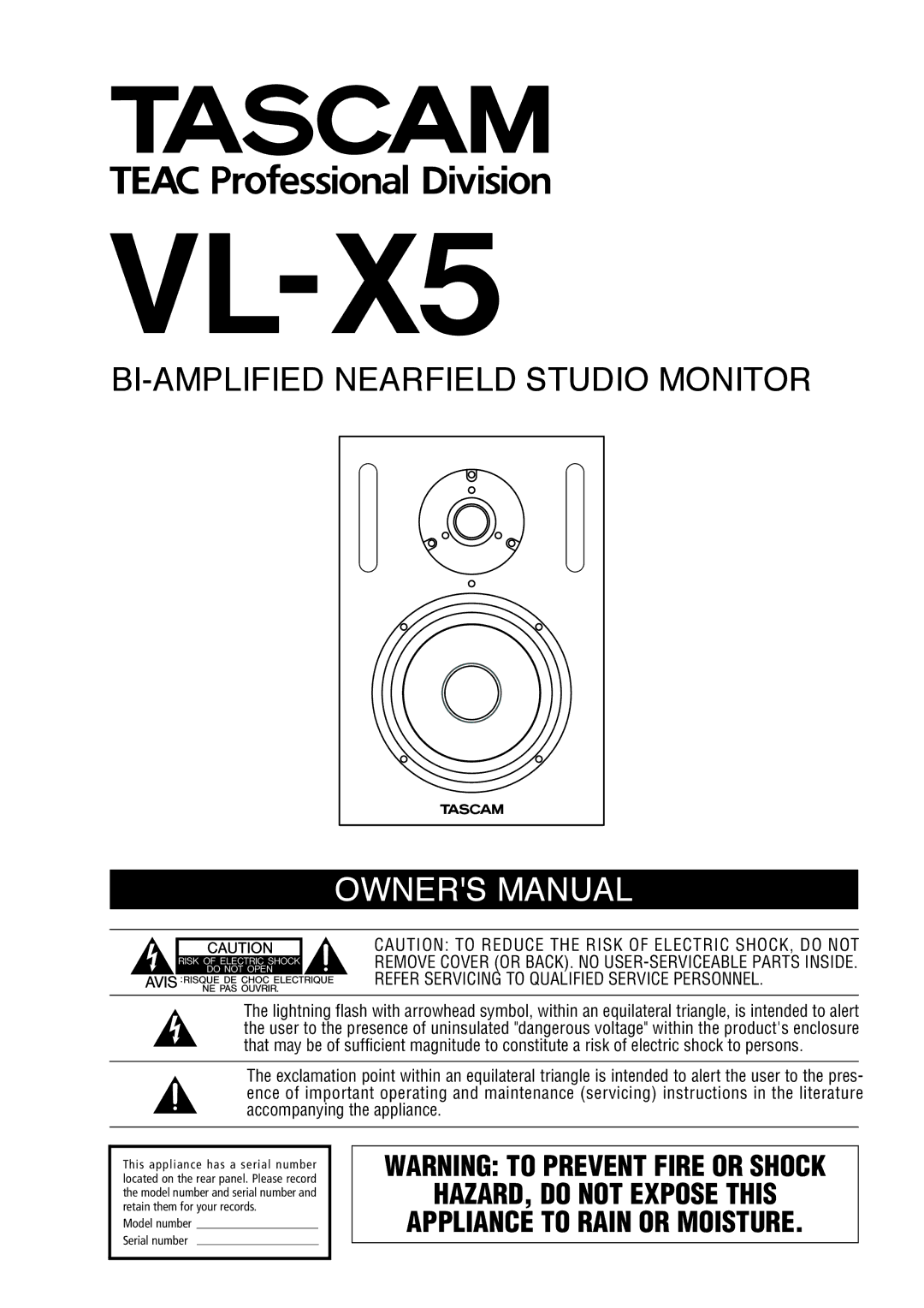 Tascam VL-X5 owner manual BI-AMPLIFIED Nearfield Studio Monitor 