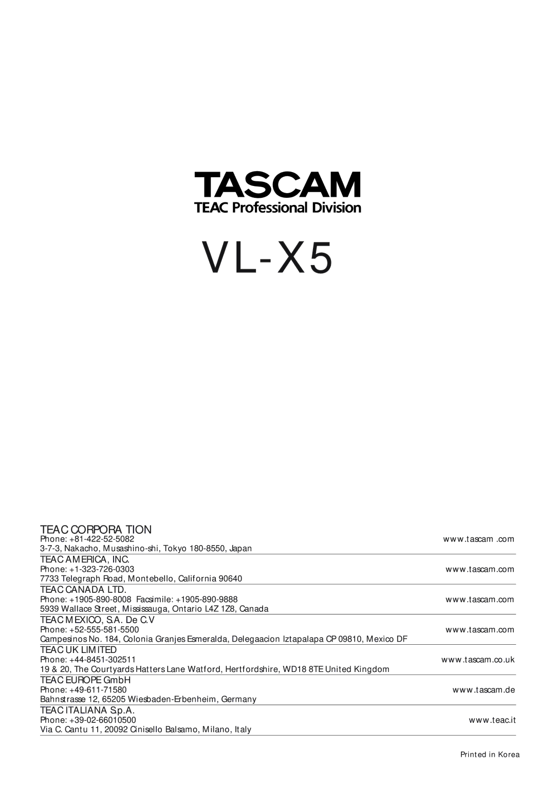 Tascam VL-X5 owner manual 