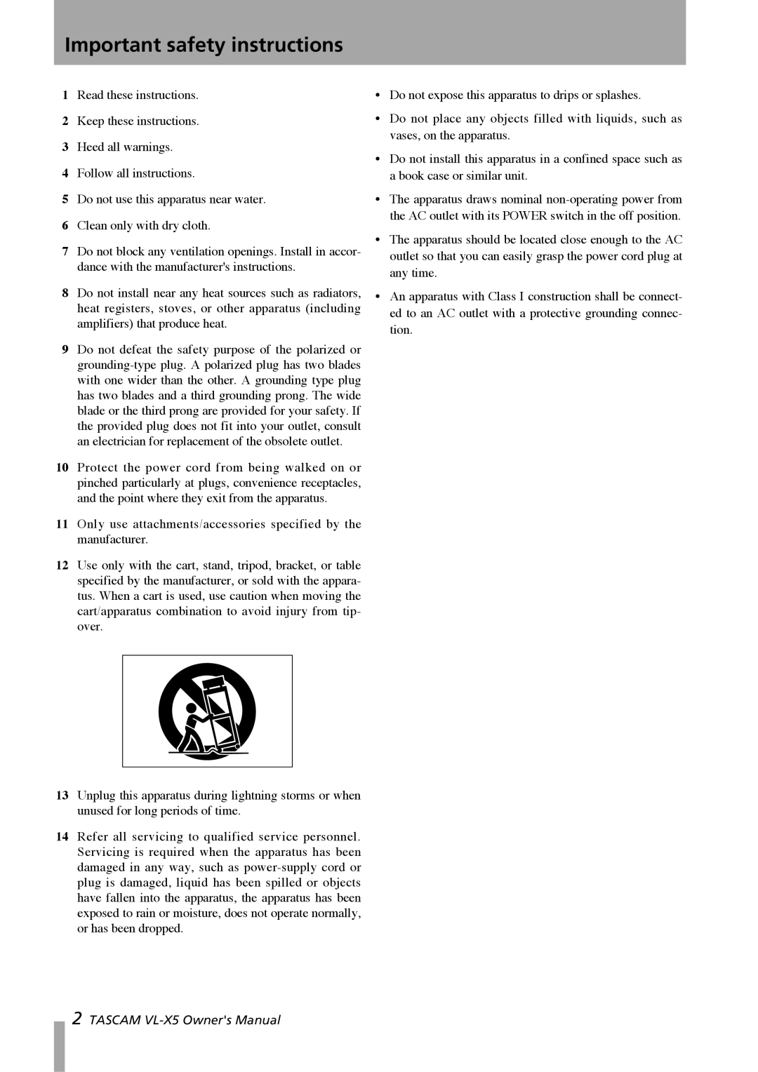 Tascam VL-X5 owner manual Important safety instructions 