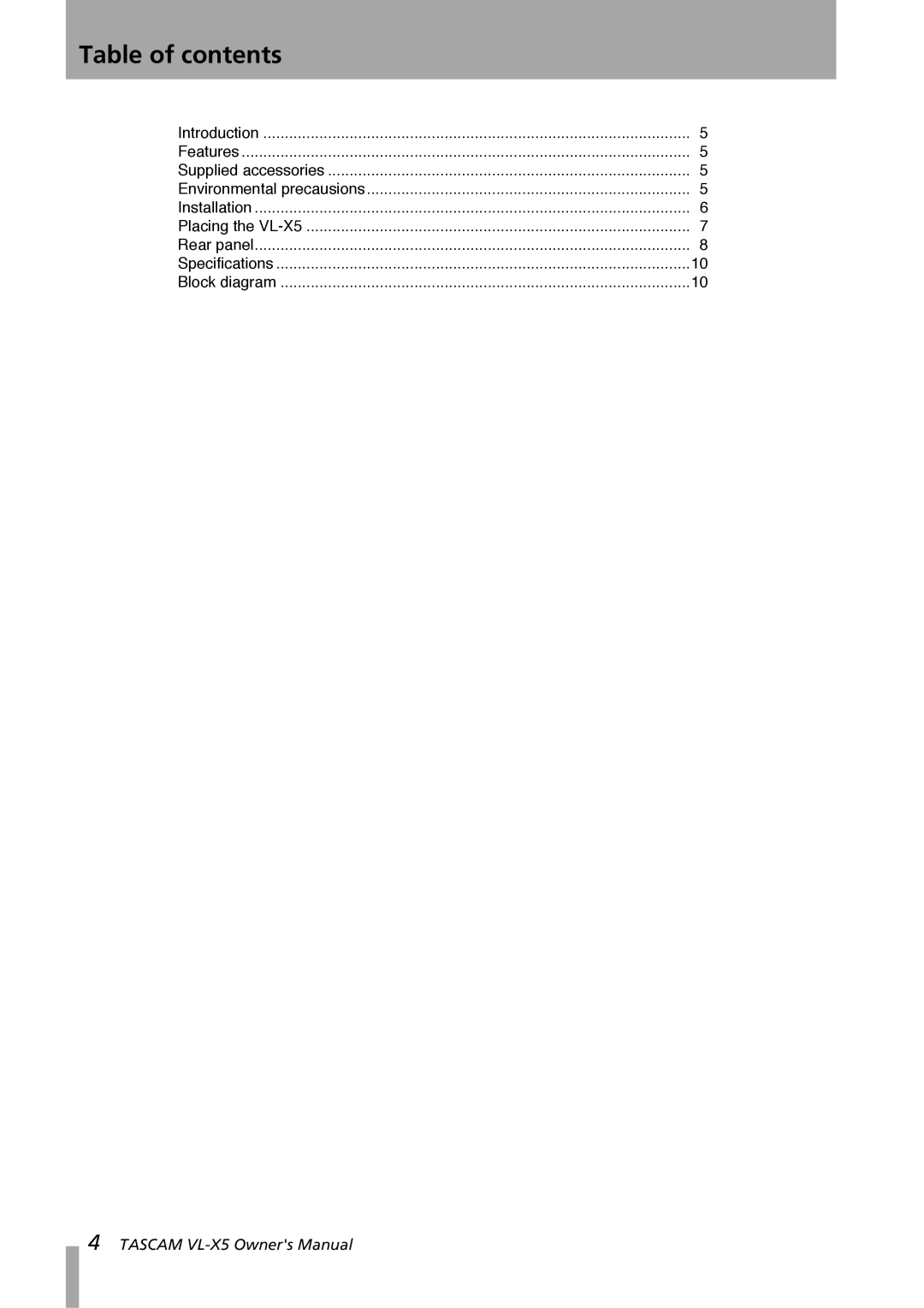 Tascam VL-X5 owner manual Table of contents 