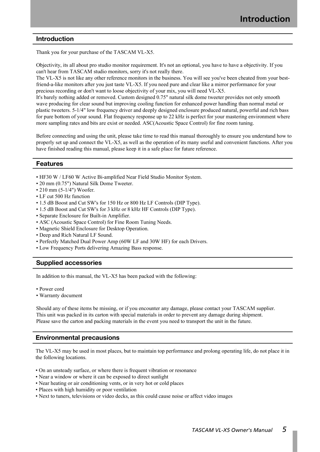 Tascam VL-X5 owner manual Introduction, Features, Supplied accessories, Environmental precausions 