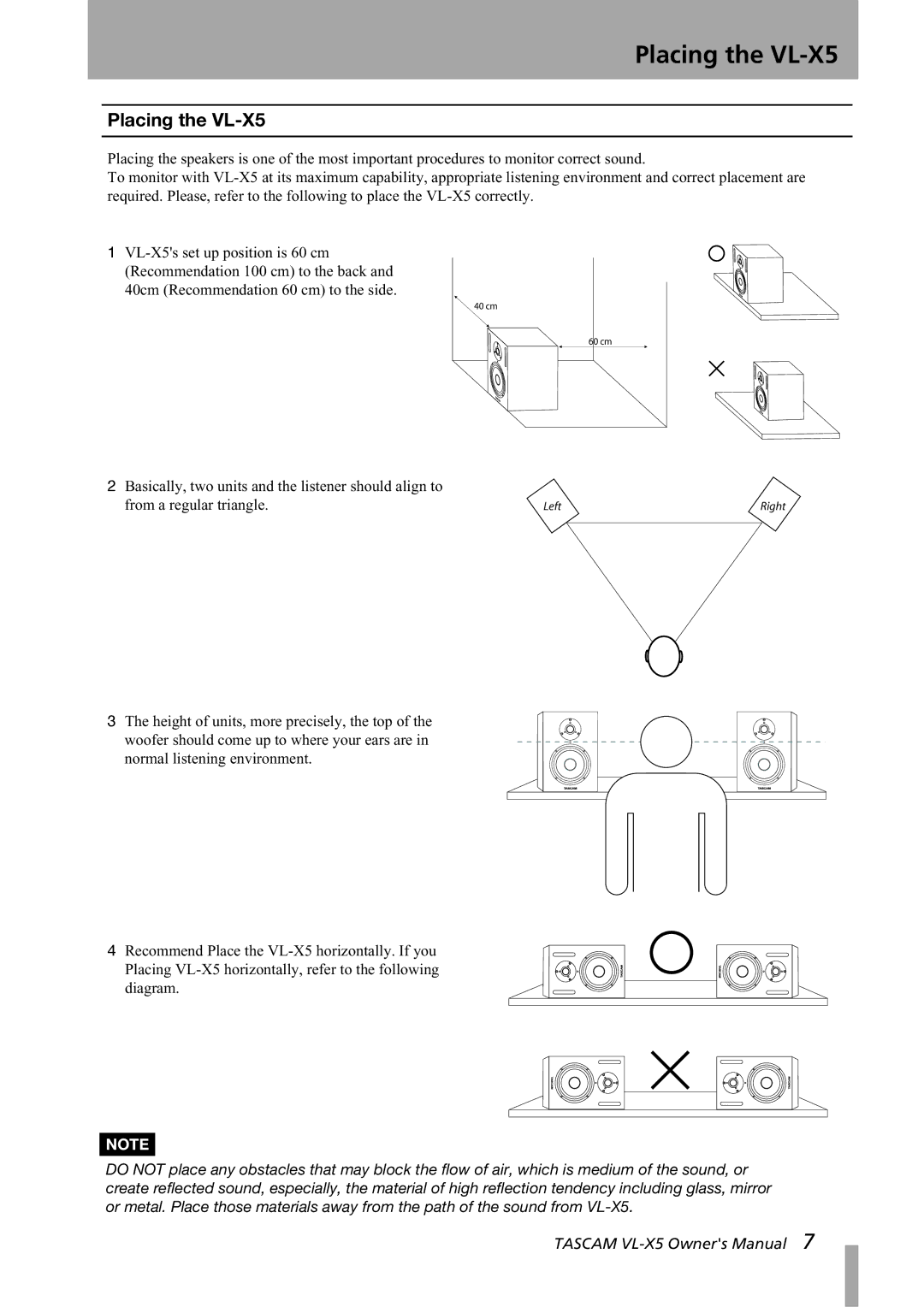 Tascam owner manual Placing the VL-X5 