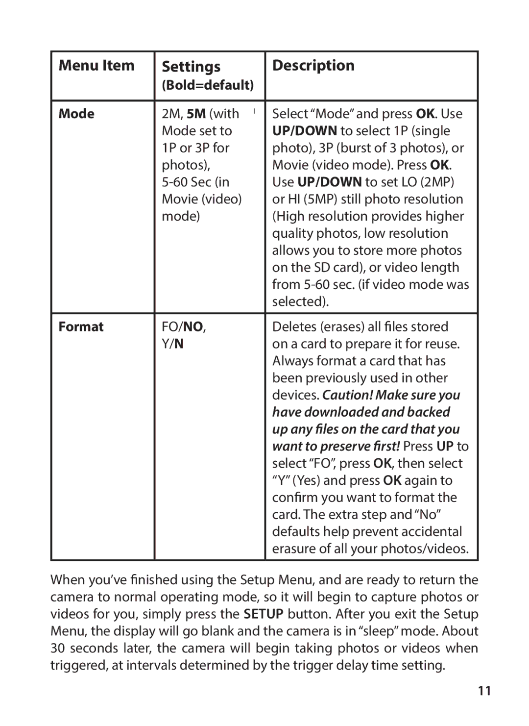 Tasco 119200W instruction manual Bold=default Mode, Format 