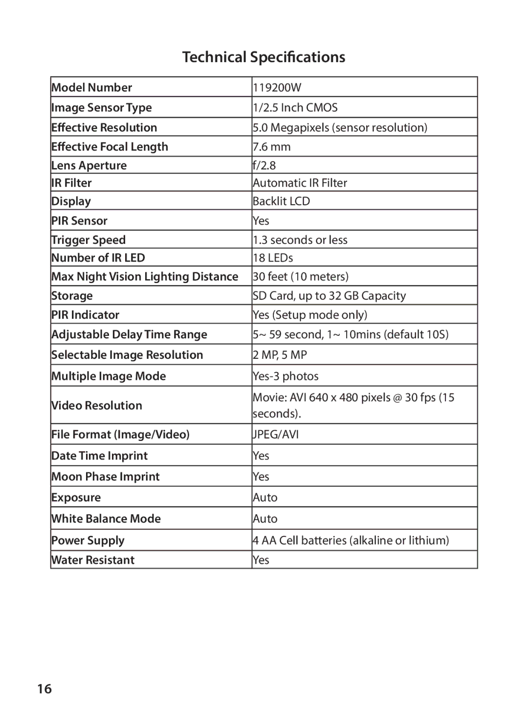 Tasco 119200W instruction manual Technical Specifications 