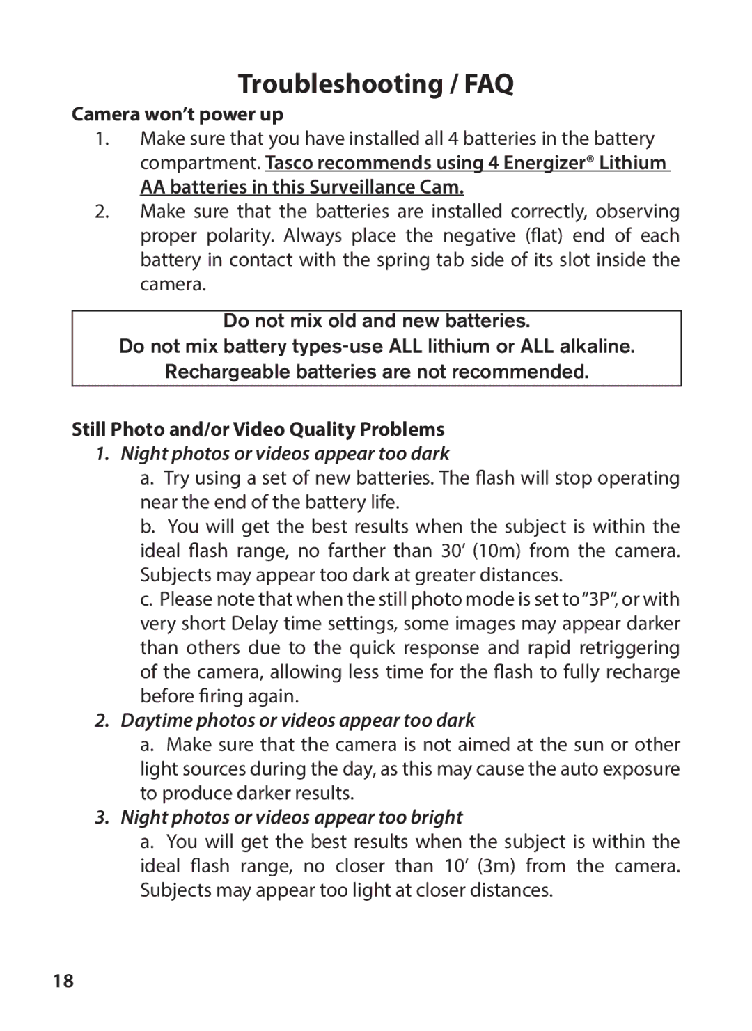 Tasco 119200W instruction manual Camera won’t power up, AA batteries in this Surveillance Cam 