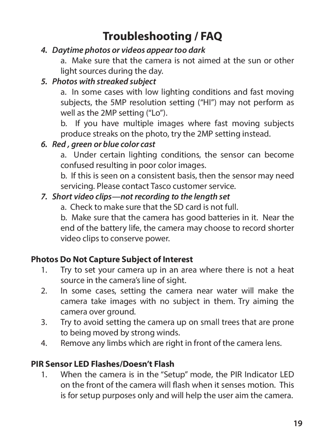 Tasco 119200W instruction manual Photos Do Not Capture Subject of Interest, PIR Sensor LED Flashes/Doesn’t Flash 