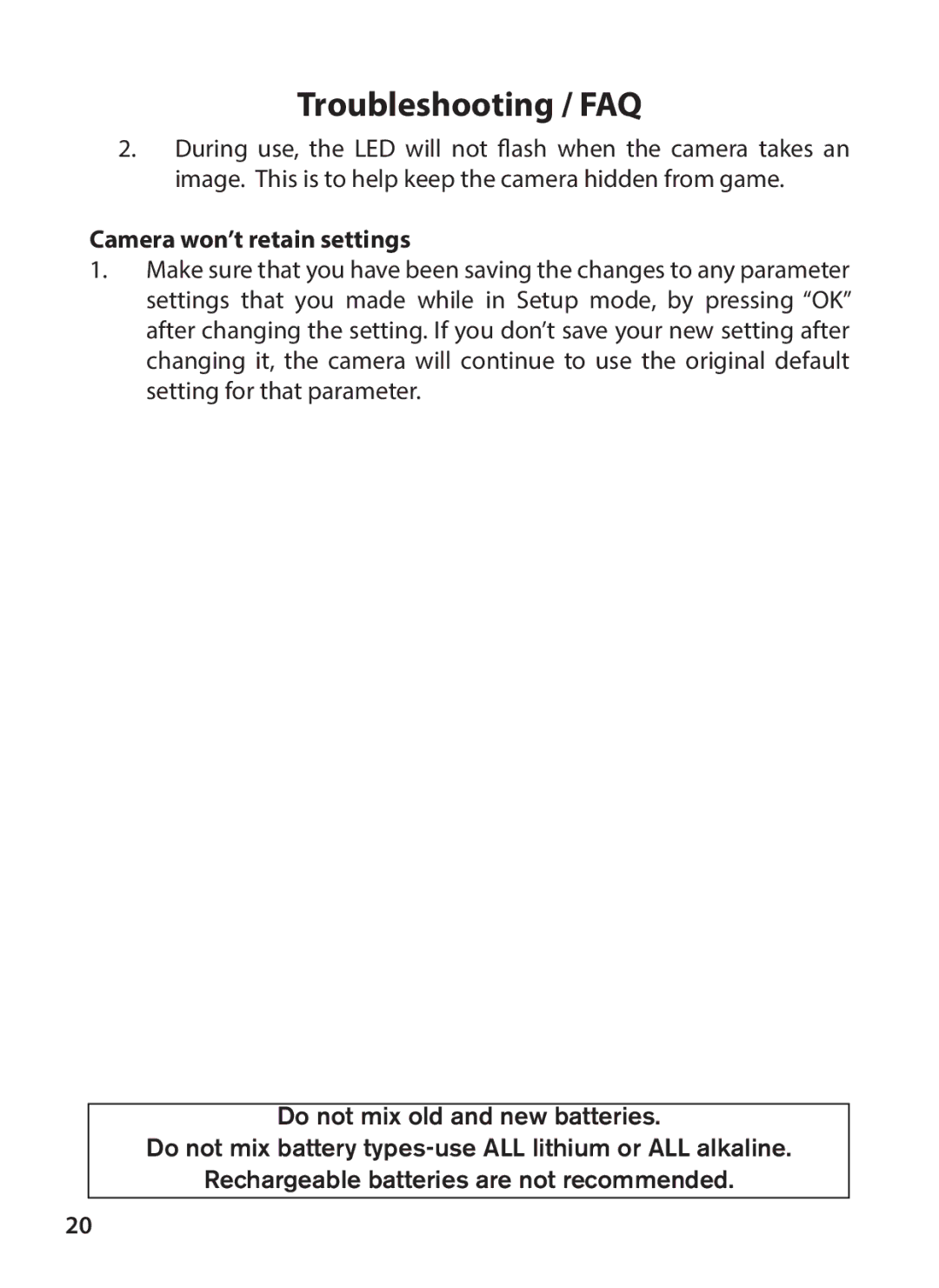 Tasco 119200W instruction manual Camera won’t retain settings 