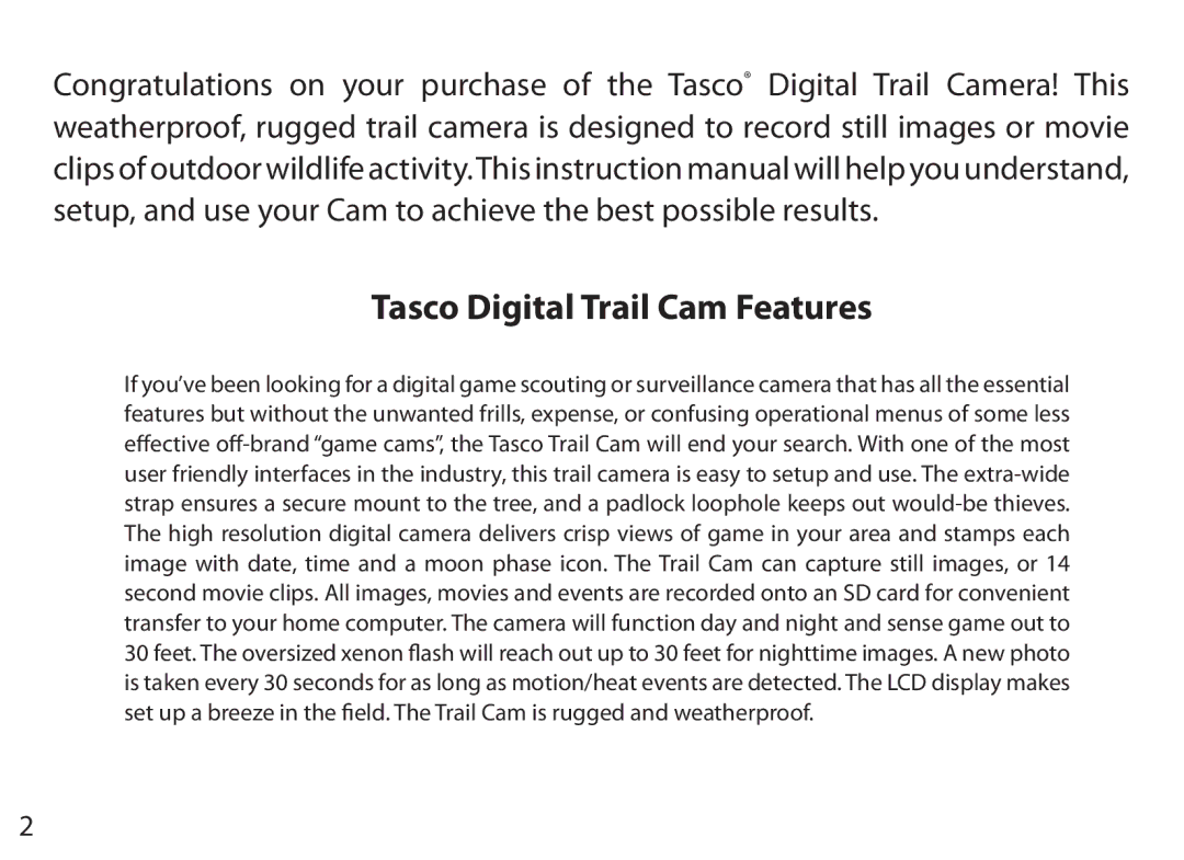 Tasco 119203C instruction manual Tasco Digital Trail Cam Features 