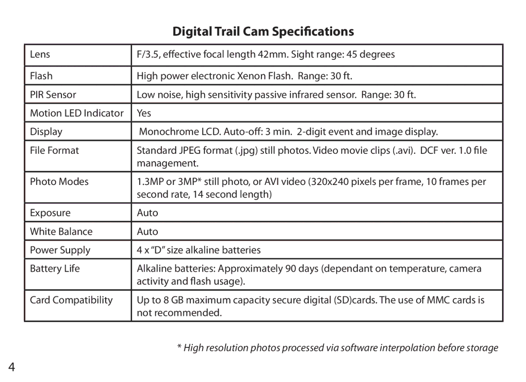 Tasco 119203C instruction manual Digital Trail Cam Specifications 